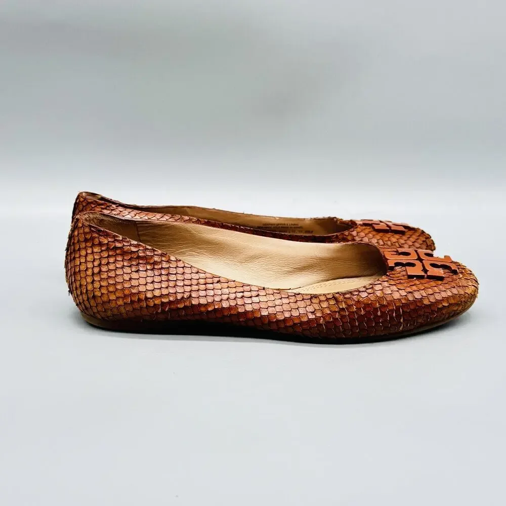 Tory Burch Shoes Womens 6 Brown Leather Snake Embossed Ballet Flats Logo Slip On